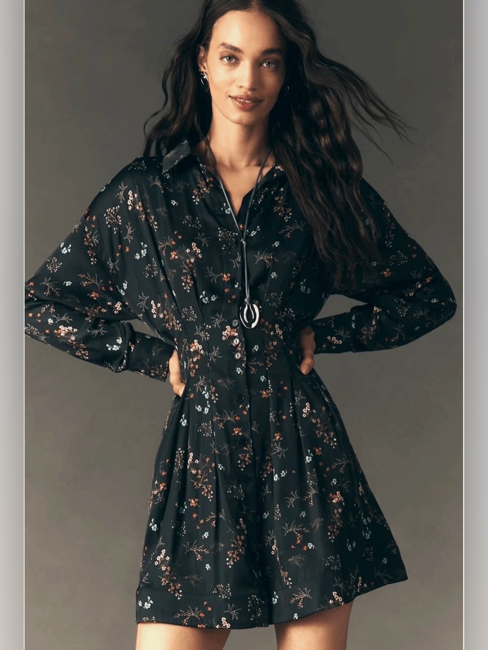 Exquise Tobie Long-Sleeve Satin Mini Shirt Black Floral Dress Size Small. A1
